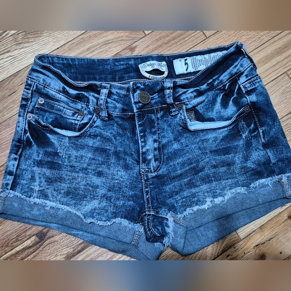 Indigo Rein Women's Blue Jean Shorts with Frayed Hem